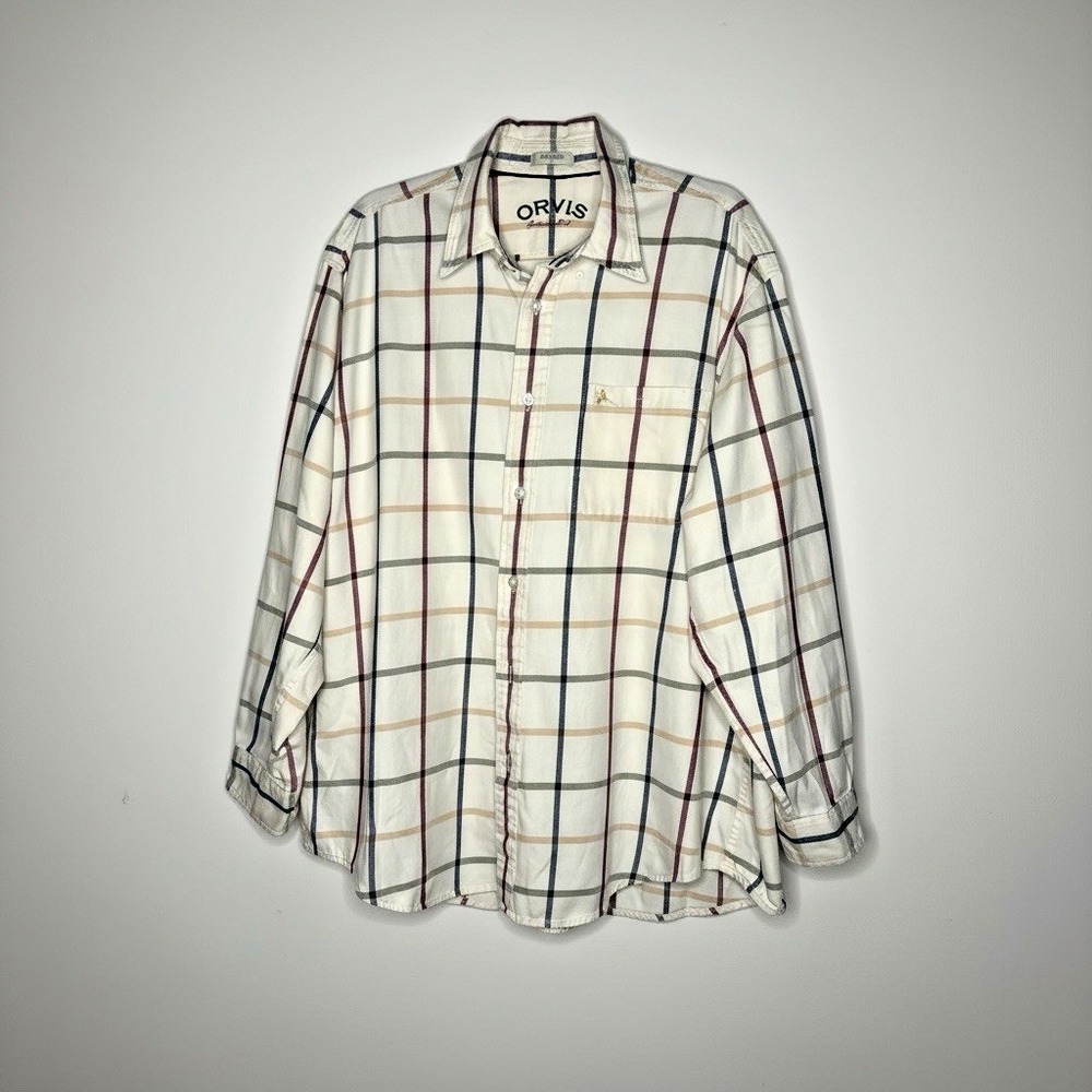 Orvis Mens Size XL green red yellow Check Plaid Long Sleeve Shirts 100% Cotton